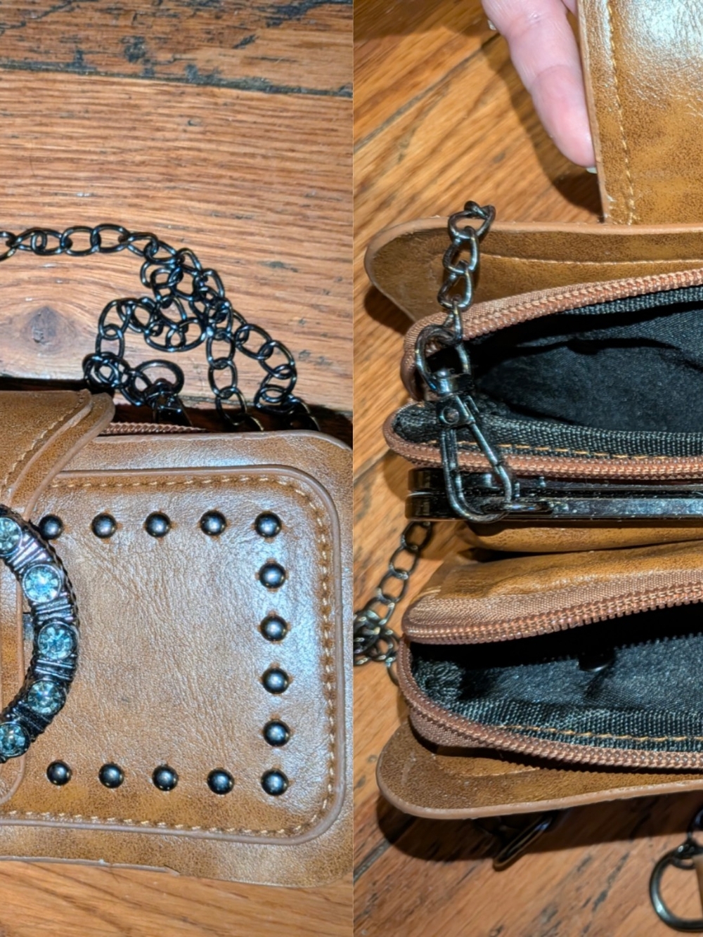 Women’s Brown Studded Crossbody Bag with Rhinestone Accent